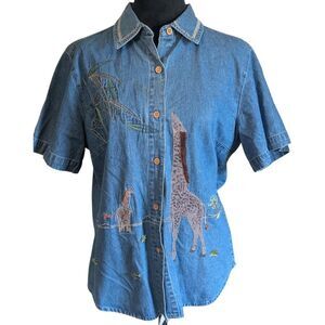 Vintage Lemon Grass Giraffe Embroidered Denim Button Up Shirt Short Sleeve Med